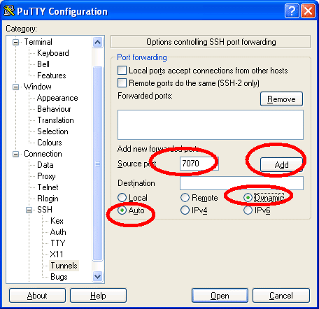 putty AND ssh tunnel ADD PORT 1080 or 7070 andso on